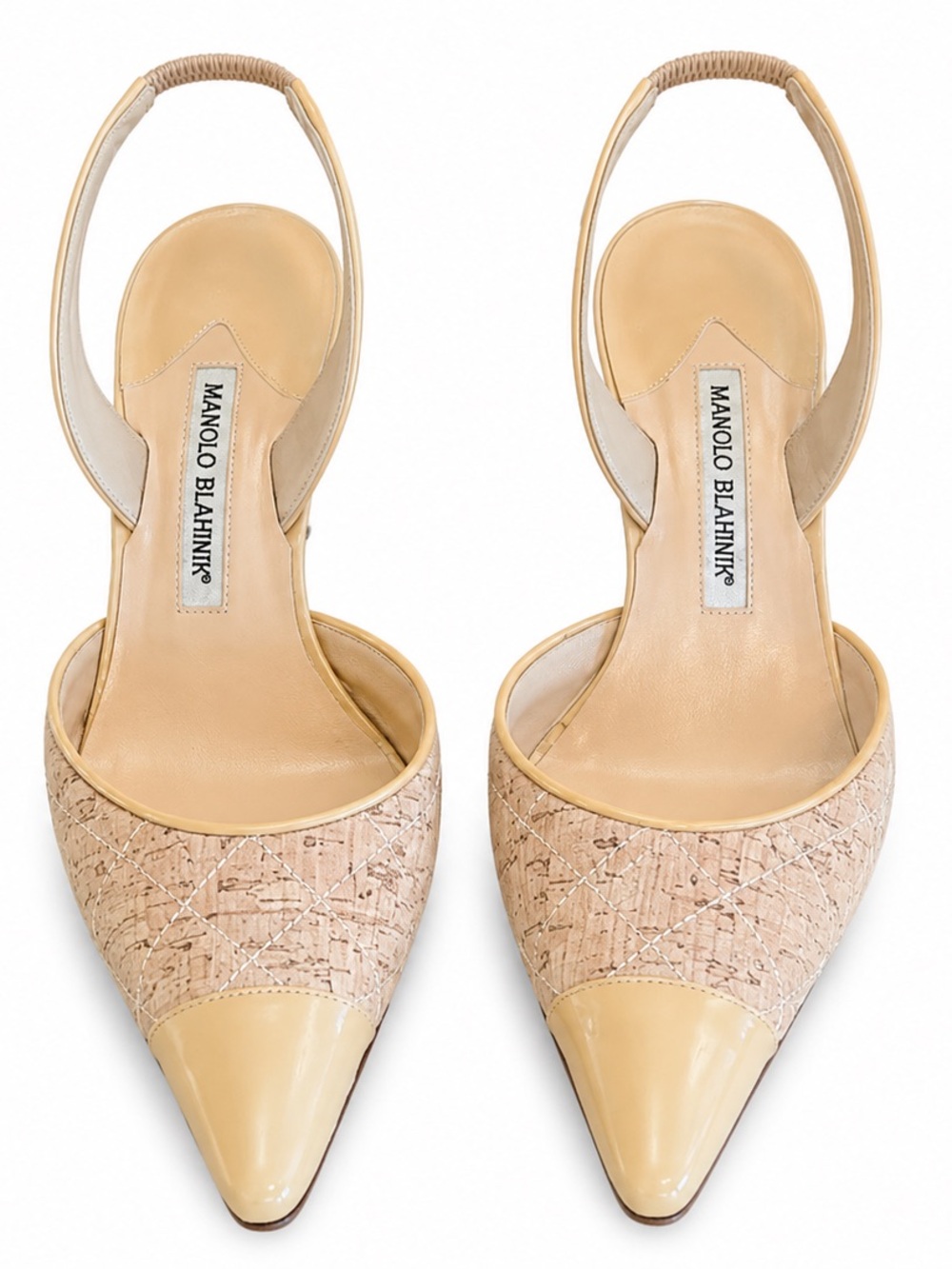 Manolo Blahnik Beige Cork & Patent Leather Slingback Pumps Heels